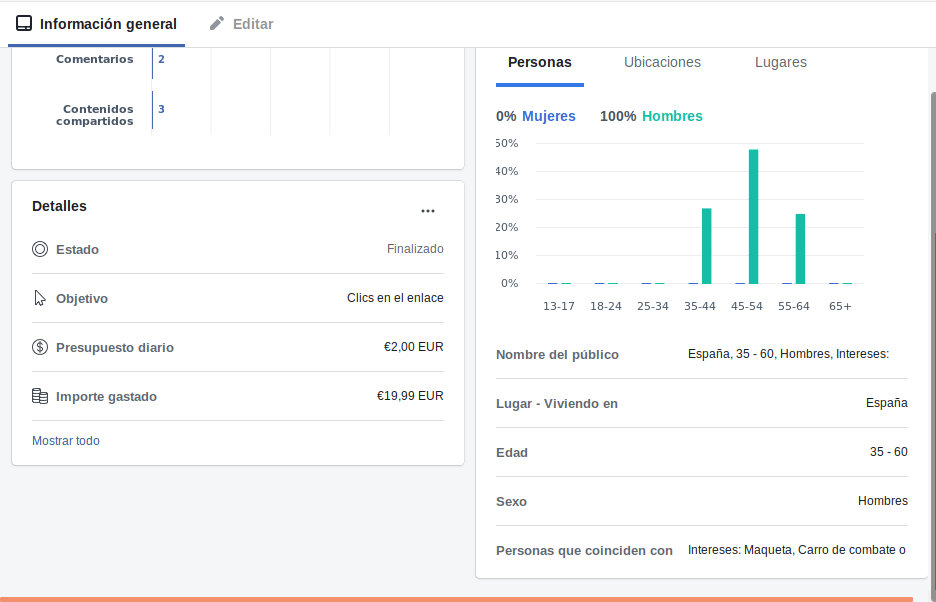 Segunda captura de los resultados de la publicidad de facebook del KV-1