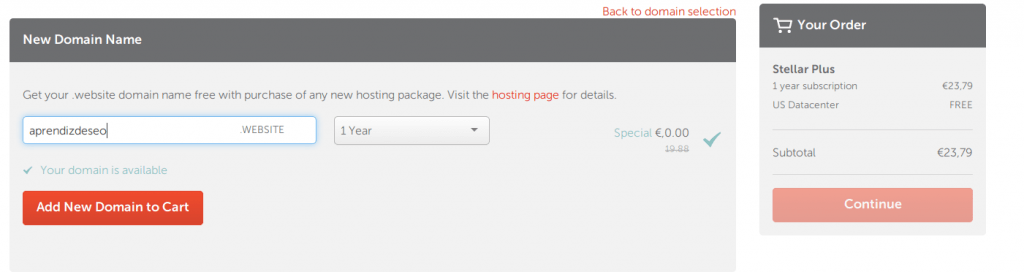 Pantalla para elegir dominio gratis en NameCheap