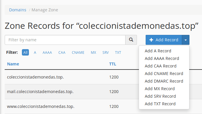 Vista de las DNS del dominio coleccionistademonedas.top. Aquí podemos poner el nuevo registro TXT.