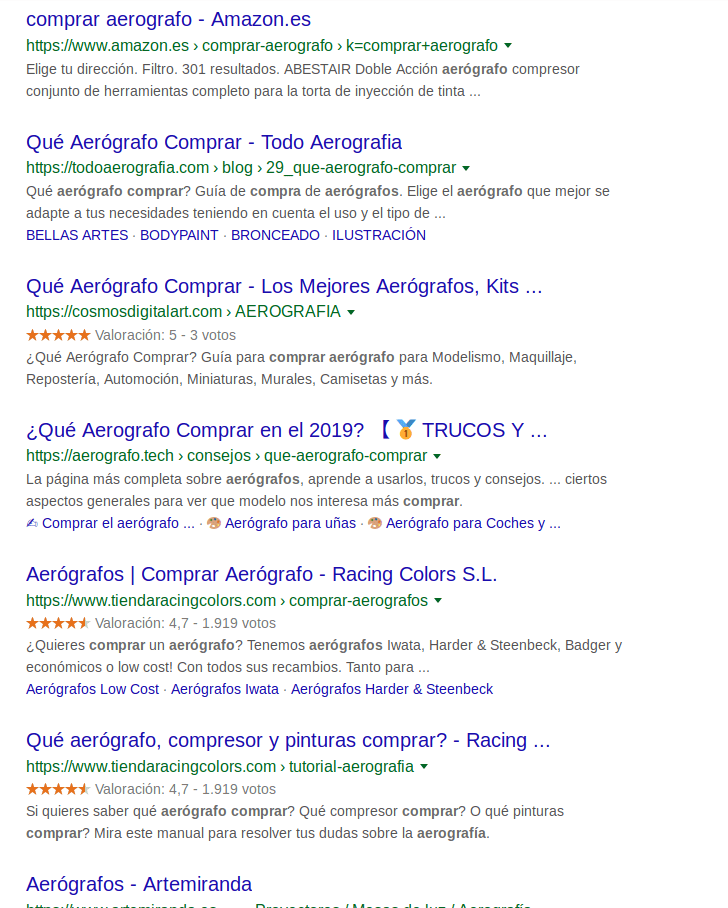 Imagen de la parte inferior de las SERP de google para la búsqueda "Comprar aerógrafo"