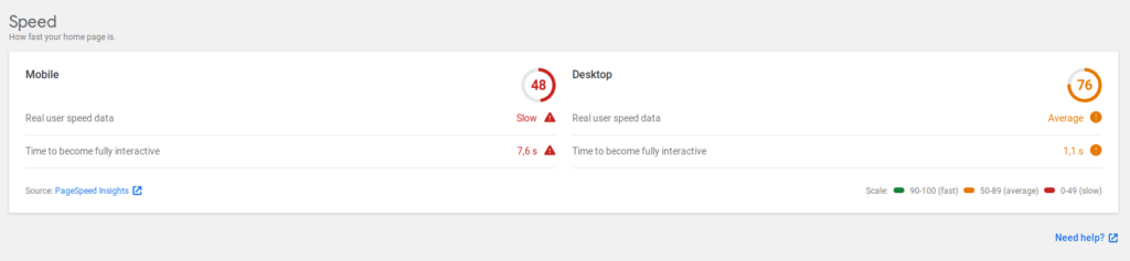 datos del pagespeed de google en la web