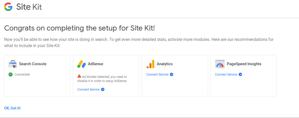 pantalla de configuración de site kit una vez validado el acceso a google search console